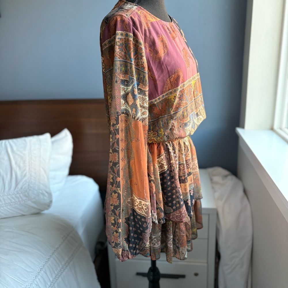 NWT Bluivy Multicolored Patchwork Paisley Long Sleeve Short Romper Smocked Waist - Picture 5 of 17